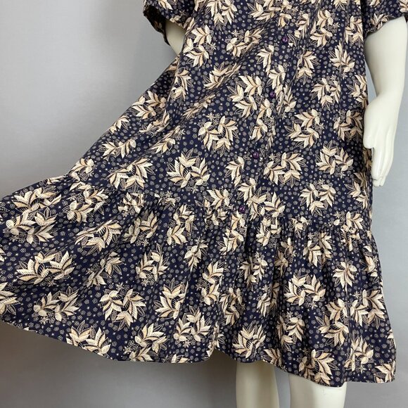 Handmade Muumuu Dress Leafy Floral Print Button-Up Ruffle Hem Purple Cream Women - Picture 5 of 11